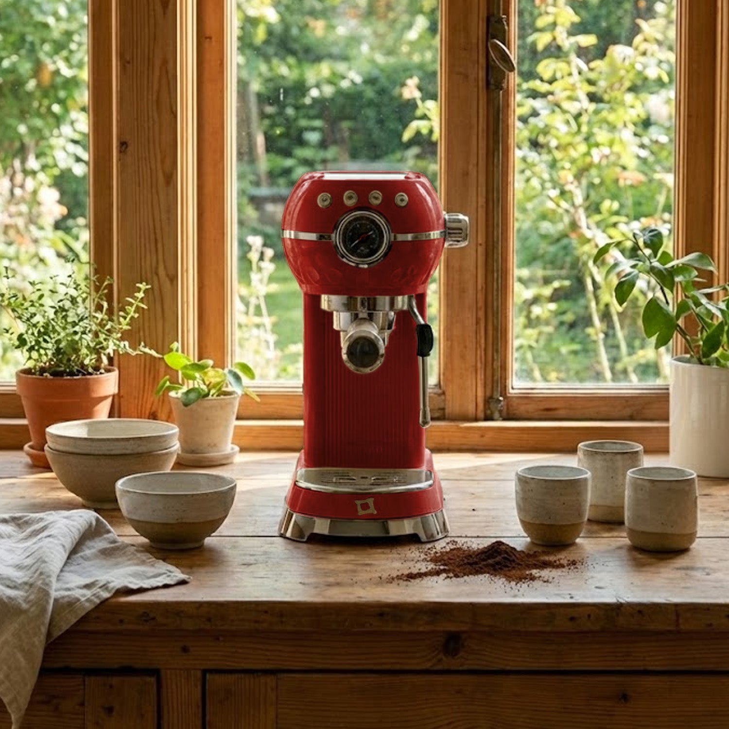 FIRST CLASS Macchina caffè Rossa Stile Vintage con Corpo in Acciaio