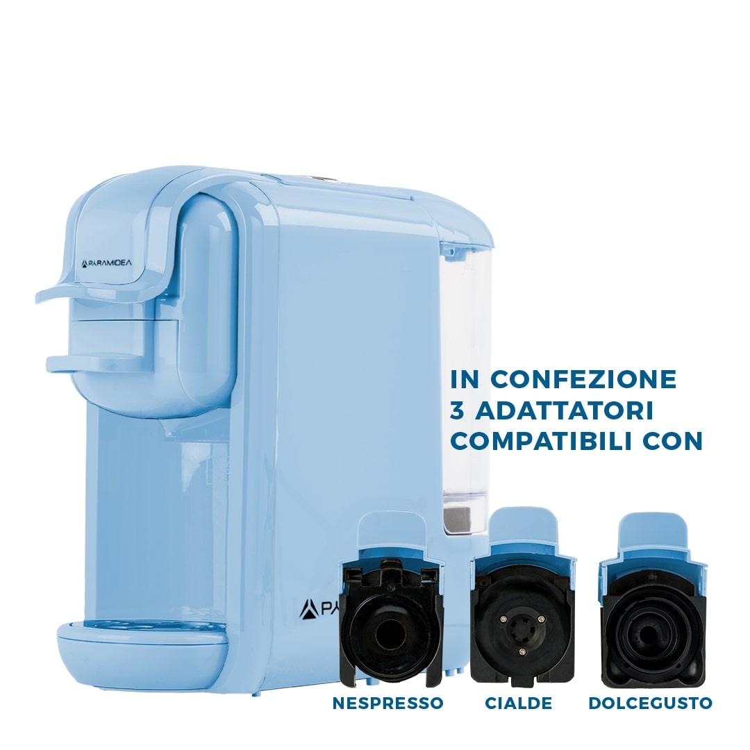 PYRAMIDEA Macchina per Caffè 3 in 1 Compatibile Nespresso Dolcegusto e Cialde Bevande Fredde da 0,6L Azzurro